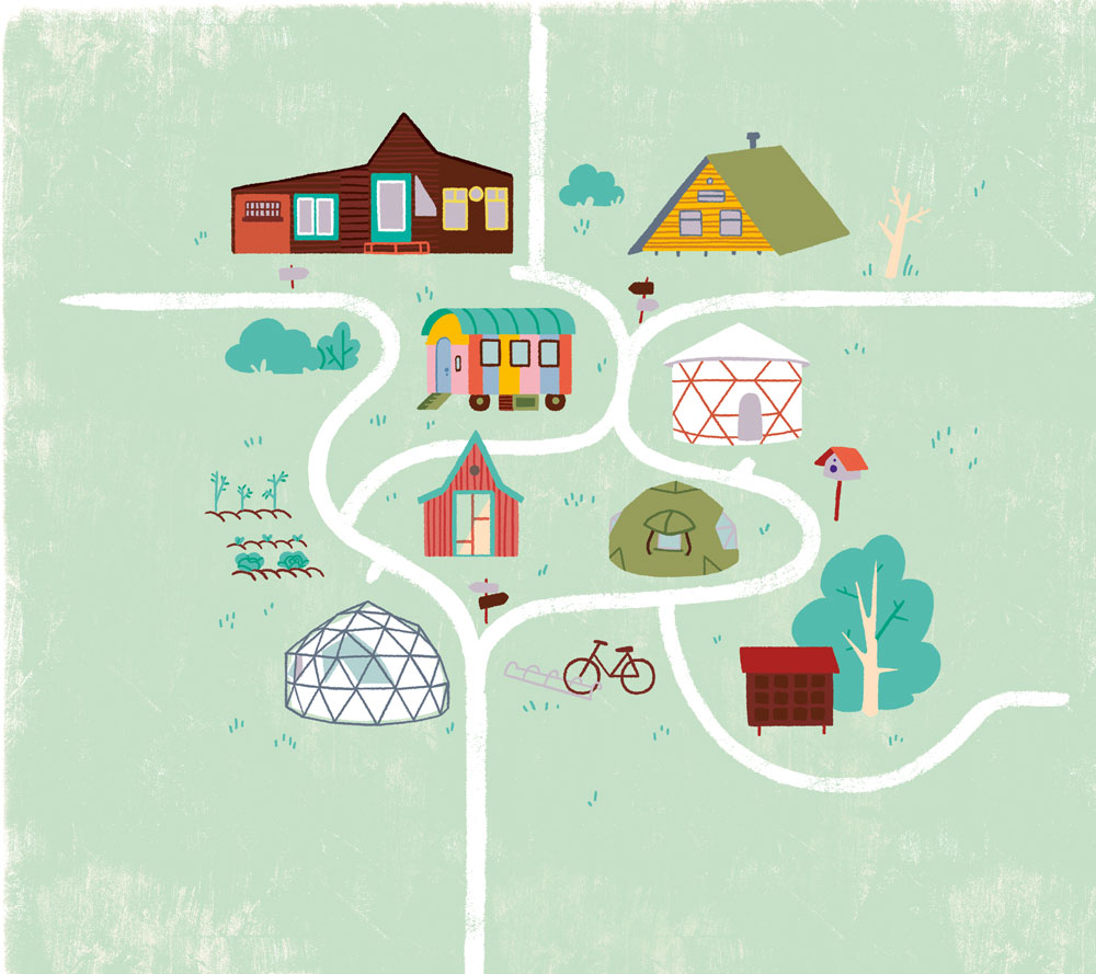 illustration sur fond vert pâle de différentes habitations du quartier alternatif "la Baraque" à Louvain-la-Neuve