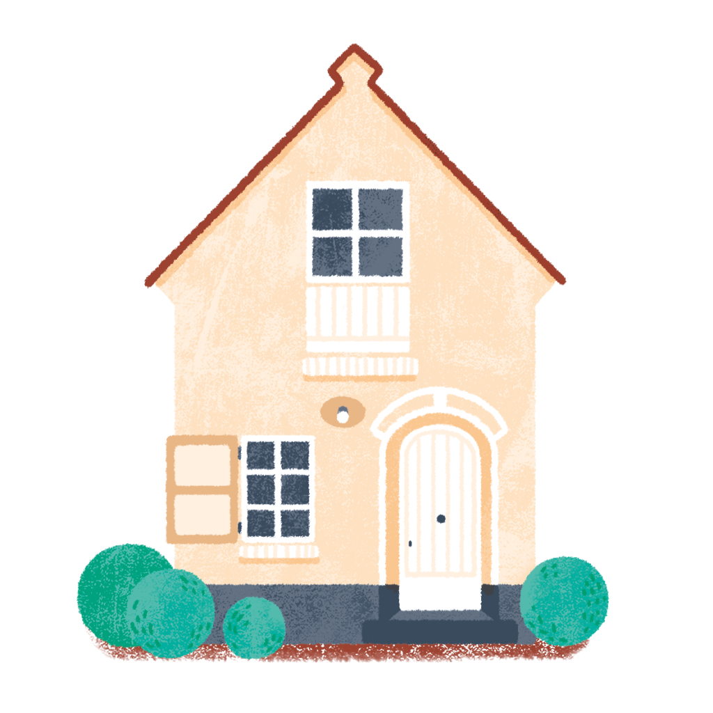 illustration d'une petite maison couleur crème avec des buissons ronds et verts