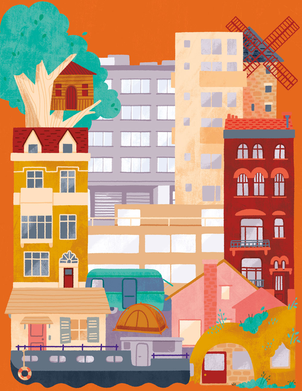 illustration dans les tons orangés avec des touches de vert représentant différents types de logements serrés les uns contre les autres.